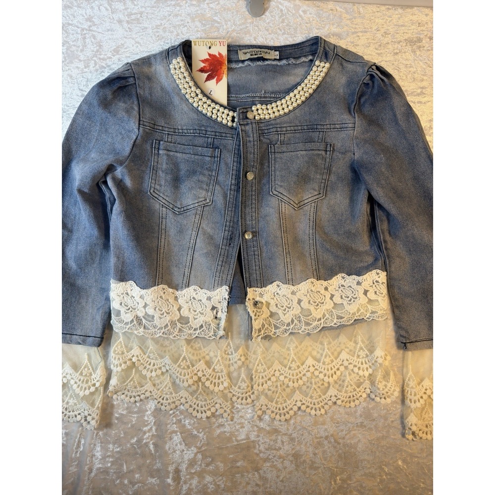 WuTongYu Womens L Denim Jacket Pearl Lace Trim Cottagecore Romantic Blue